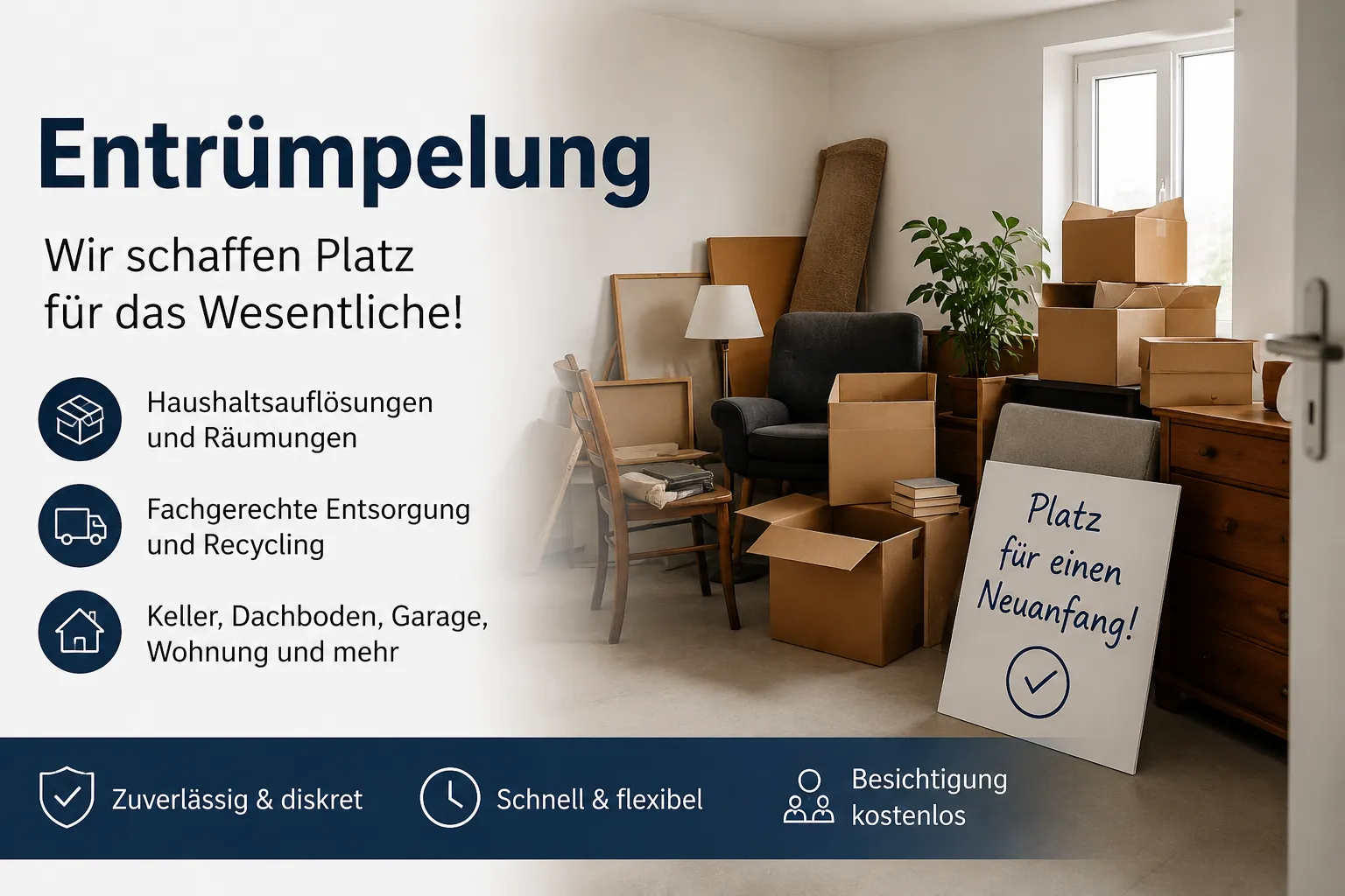 Entrümpelung – Kisten und Möbel in einem geräumten Zimmer